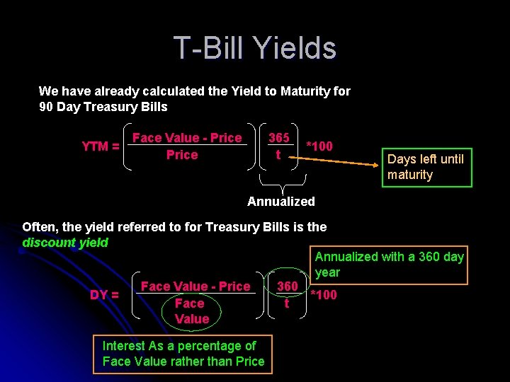 T-Bill Yields We have already calculated the Yield to Maturity for 90 Day Treasury