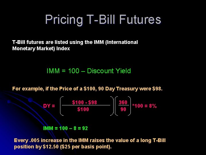 Pricing T-Bill Futures T-Bill futures are listed using the IMM (International Monetary Market) Index