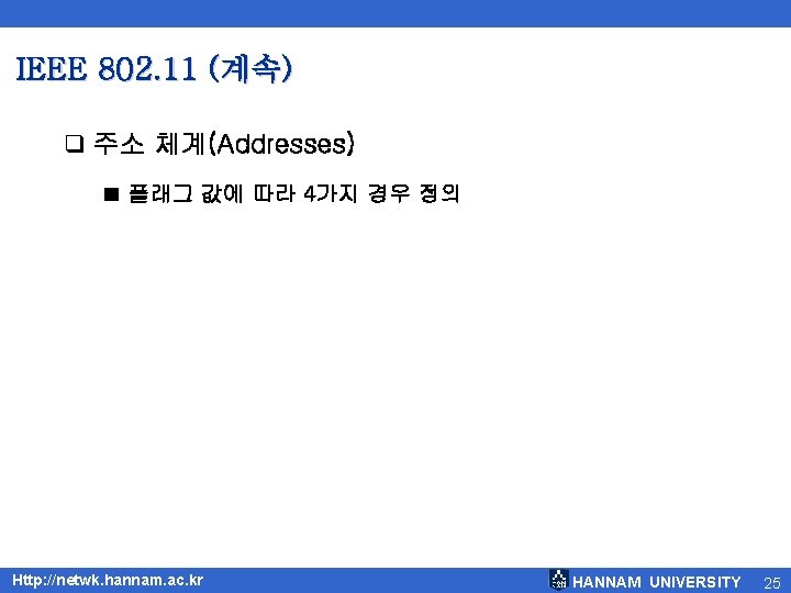 IEEE 802. 11 (계속) q 주소 체계(Addresses) ■ 플래그 값에 따라 4가지 경우 정의