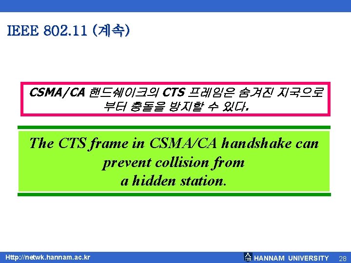 IEEE 802. 11 (계속) CSMA/CA 핸드쉐이크의 CTS 프레임은 숨겨진 지국으로 부터 충돌을 방지할 수