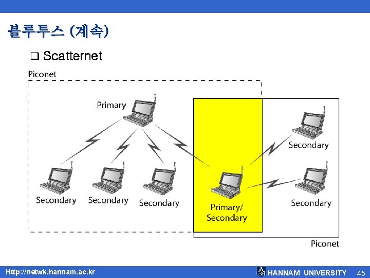 블루투스 (계속) q Scatternet Http: //netwk. hannam. ac. kr HANNAM UNIVERSITY 45 