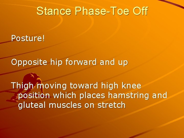 Stance Phase-Toe Off Posture! Opposite hip forward and up Thigh moving toward high knee