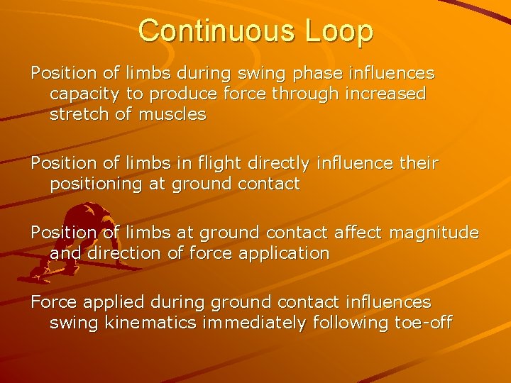 Continuous Loop Position of limbs during swing phase influences capacity to produce force through