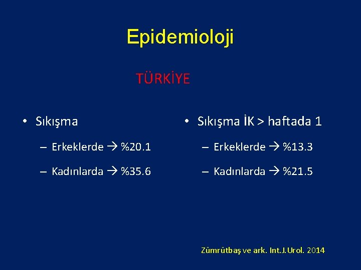 Epidemioloji TÜRKİYE • Sıkışma İK > haftada 1 – Erkeklerde %20. 1 – Erkeklerde