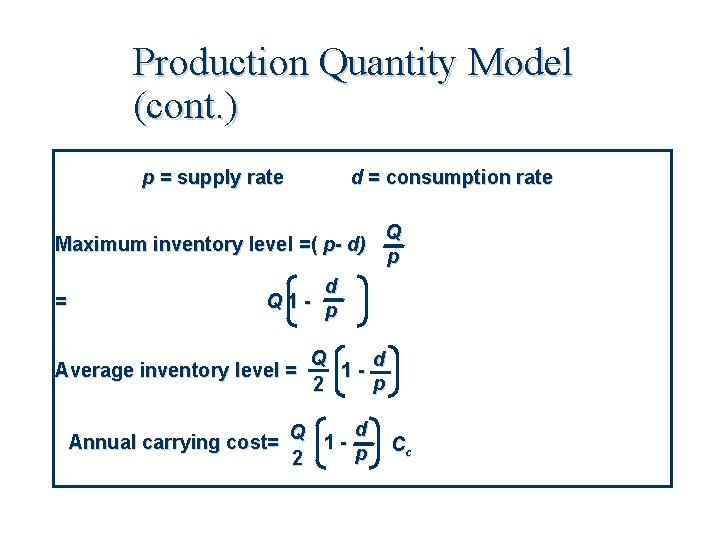Production Quantity Model (cont. ) p = supply rate d = consumption rate Maximum