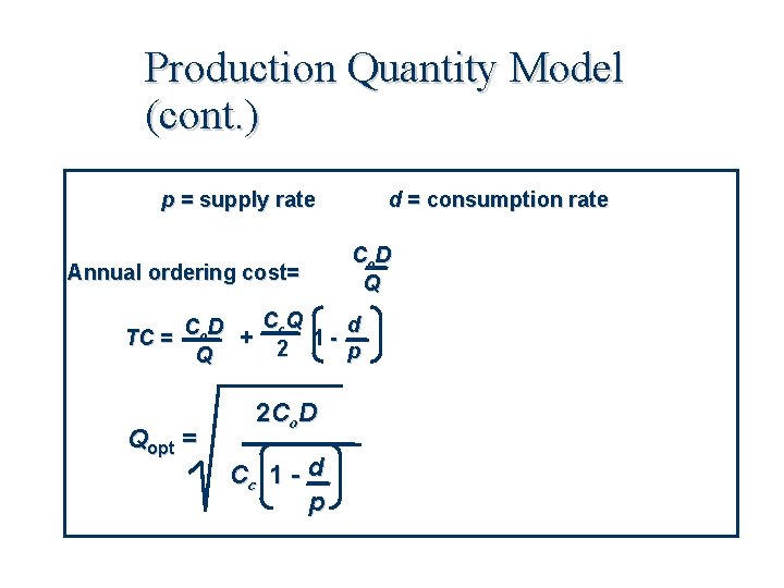 Production Quantity Model (cont. ) p = supply rate Annual ordering cost= d =