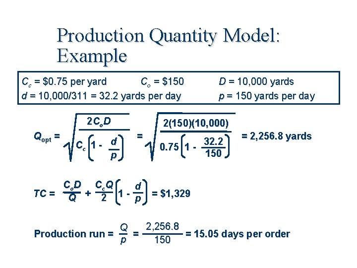 Production Quantity Model: Example Cc = $0. 75 per yard Co = $150 d