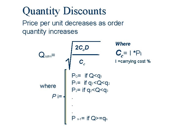 Quantity Discounts Price per unit decreases as order quantity increases Q = 2 Co.