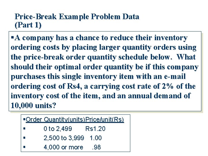 Price-Break Example Problem Data (Part 1) A company has a chance to reduce their