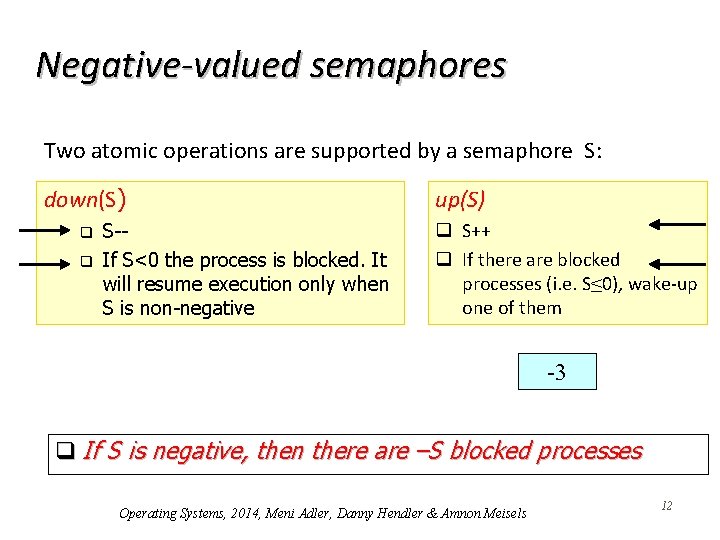 Negative-valued semaphores Two atomic operations are supported by a semaphore S: down(S) q q