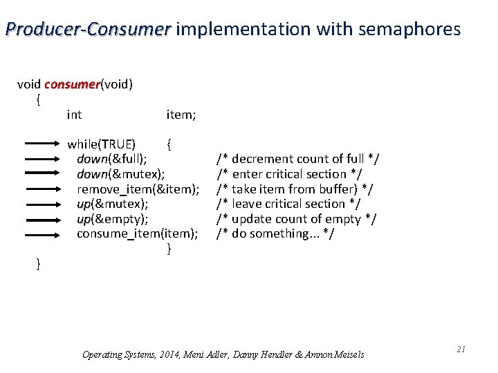 Producer-Consumer implementation with semaphores void consumer(void) consumer { int } item; while(TRUE) { down(&full);