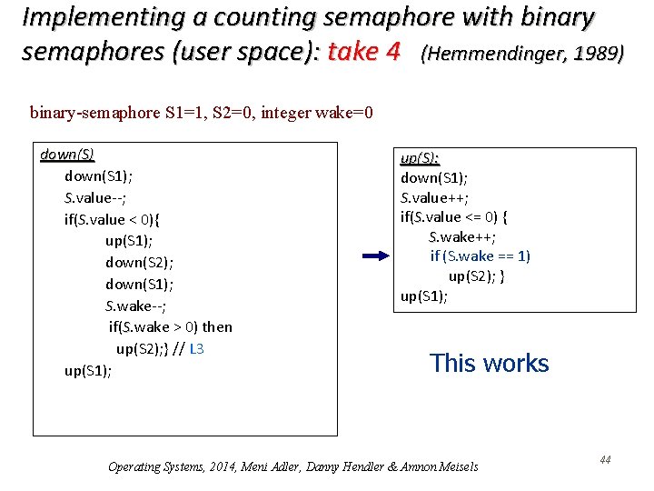 Implementing a counting semaphore with binary semaphores (user space): take 4 (Hemmendinger, 1989) binary-semaphore