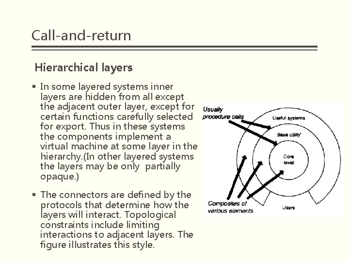 Call-and-return Hierarchical layers § In some layered systems inner layers are hidden from all