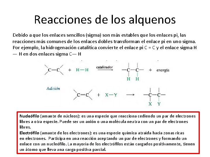 Reacciones de los alquenos Debido a que los enlaces sencillos (sigma) son más estables