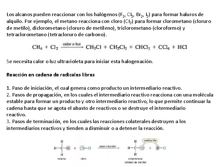 Los alcanos pueden reaccionar con los halógenos (F 2, CI 2, Br 2, I