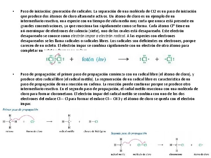  • Paso de iniciación: generación de radicales. La separación de una molécula de