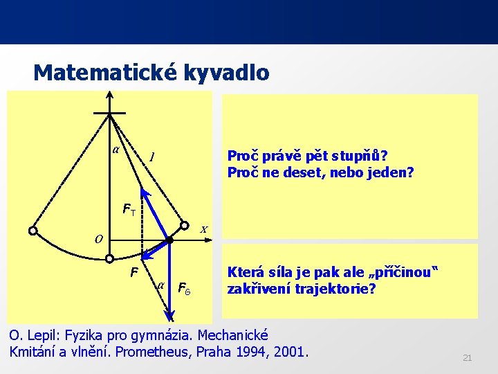 Matematické kyvadlo α l FT x O F α FG str. 34, obr. 1 Matematické kyvadlo α l FT x O F α FG str. 34, obr. 1