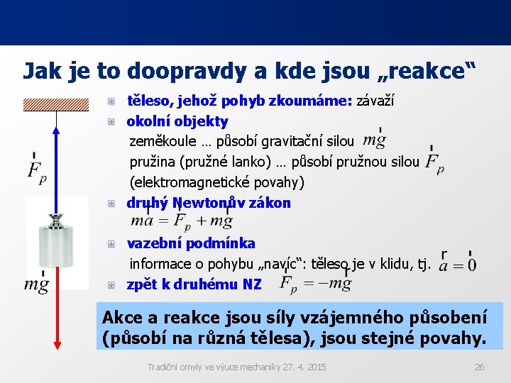 Jak je to doopravdy a kde jsou „reakce“ těleso, jehož pohyb zkoumáme: závaží okolní Jak je to doopravdy a kde jsou „reakce“ těleso, jehož pohyb zkoumáme: závaží okolní