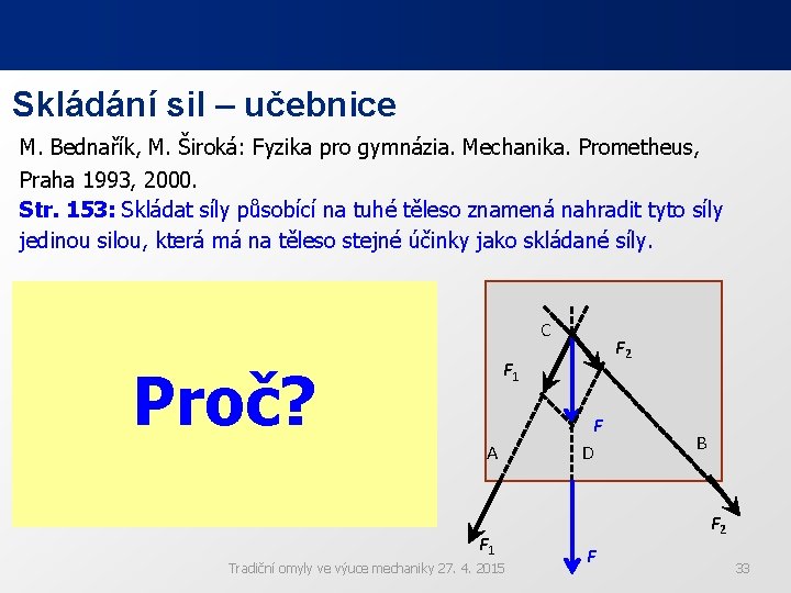 Skládání sil – učebnice M. Bednařík, M. Široká: Fyzika pro gymnázia. Mechanika. Prometheus, Praha Skládání sil – učebnice M. Bednařík, M. Široká: Fyzika pro gymnázia. Mechanika. Prometheus, Praha