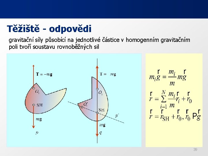 Těžiště - odpovědi gravitační síly působící na jednotlivé částice v homogenním gravitačním poli tvoří Těžiště - odpovědi gravitační síly působící na jednotlivé částice v homogenním gravitačním poli tvoří