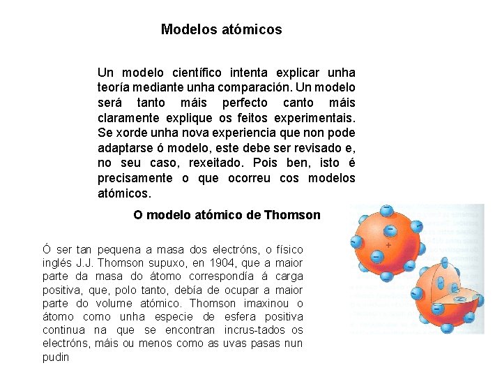 Modelos atómicos Un modelo científico intenta explicar unha teoría mediante unha comparación. Un modelo