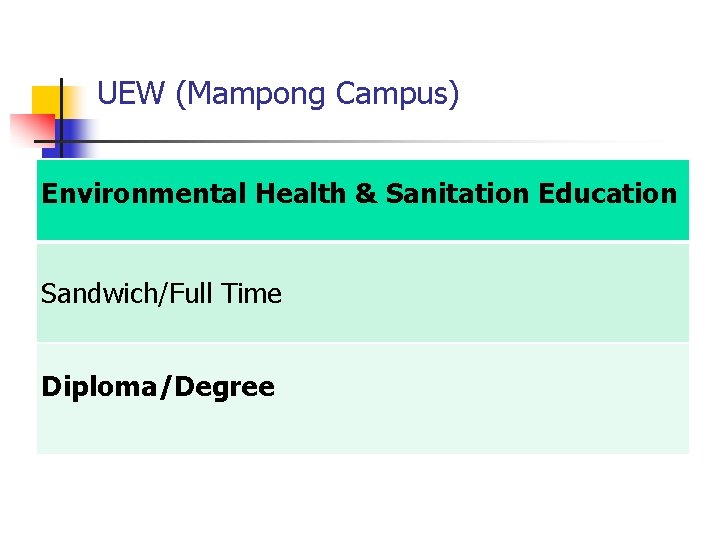 UEW (Mampong Campus) Environmental Health & Sanitation Education Sandwich/Full Time Diploma/Degree 