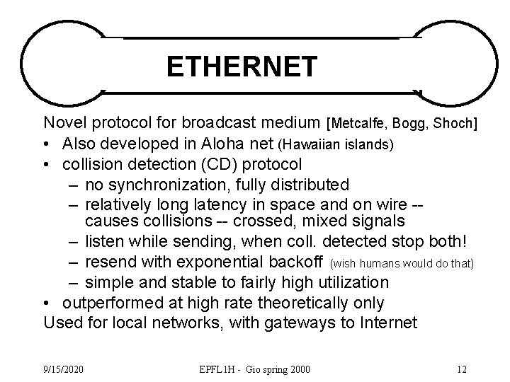 ETHERNET Novel protocol for broadcast medium [Metcalfe, Bogg, Shoch] • Also developed in Aloha