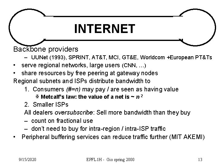 INTERNET Backbone providers – UUNet (1993), SPRINT, AT&T, MCI, GT&E, Worldcom +European PT&Ts serve