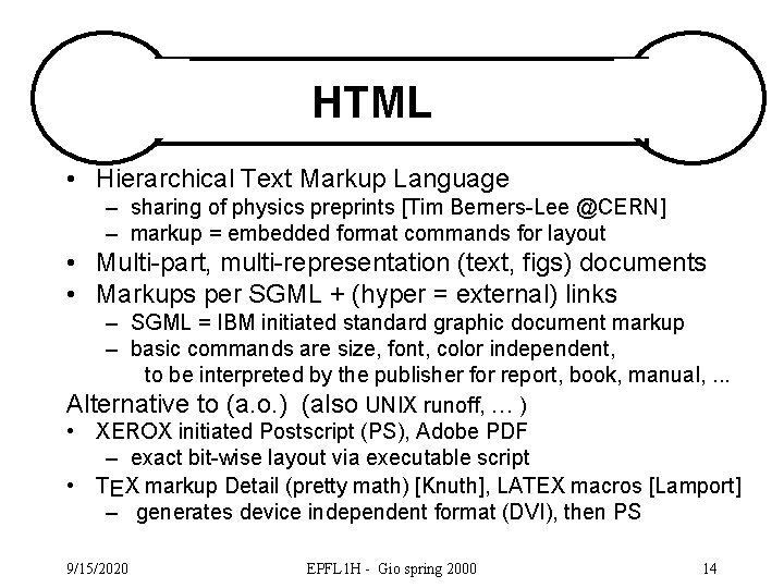 HTML • Hierarchical Text Markup Language – sharing of physics preprints [Tim Berners-Lee @CERN]