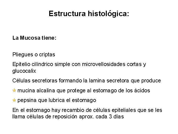 Estructura histológica: La Mucosa tiene: Pliegues o criptas Epitelio cilíndrico simple con microvellosidades cortas