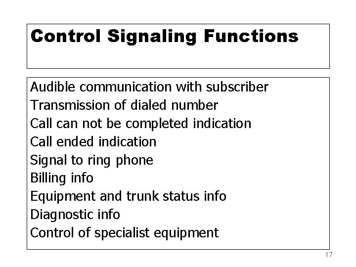 Control Signaling Functions Audible communication with subscriber Transmission of dialed number Call can not