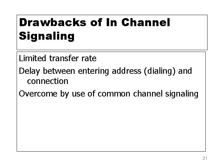 Drawbacks of In Channel Signaling Limited transfer rate Delay between entering address (dialing) and