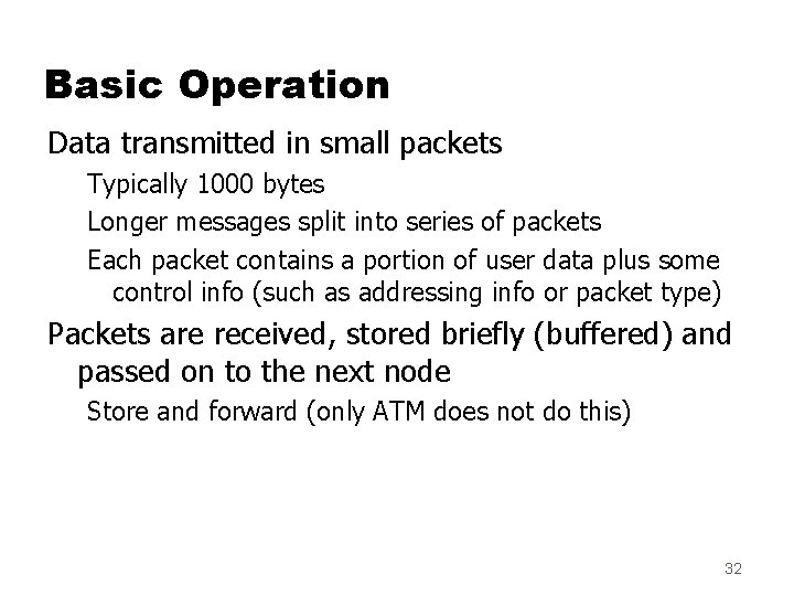 Basic Operation Data transmitted in small packets Typically 1000 bytes Longer messages split into