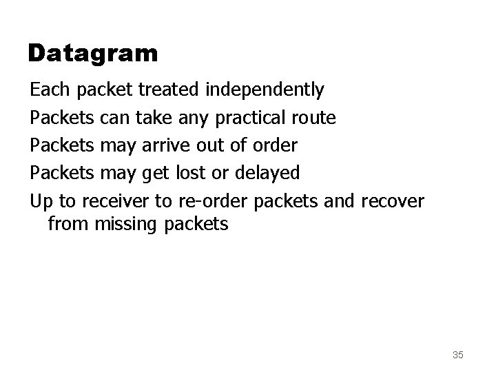 Datagram Each packet treated independently Packets can take any practical route Packets may arrive