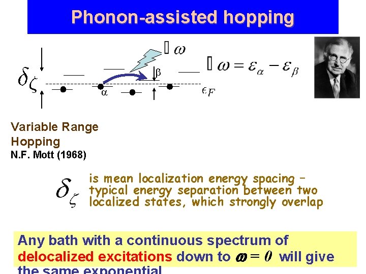 Phonon-assisted hopping Variable Range Hopping N. F. Mott (1968) is mean localization energy spacing