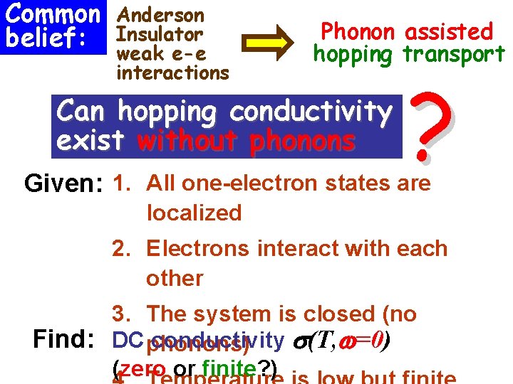 Common belief: Anderson Insulator weak e-e interactions Phonon assisted hopping transport Can hopping conductivity