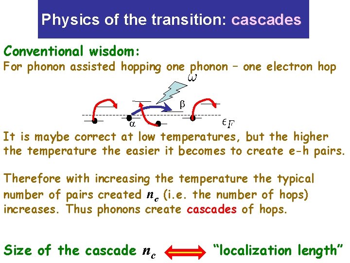 Physics of the transition: cascades Conventional wisdom: For phonon assisted hopping one phonon –