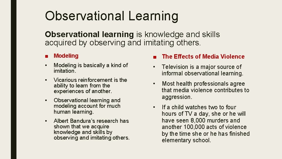 Observational Learning Observational learning is knowledge and skills acquired by observing and imitating others.