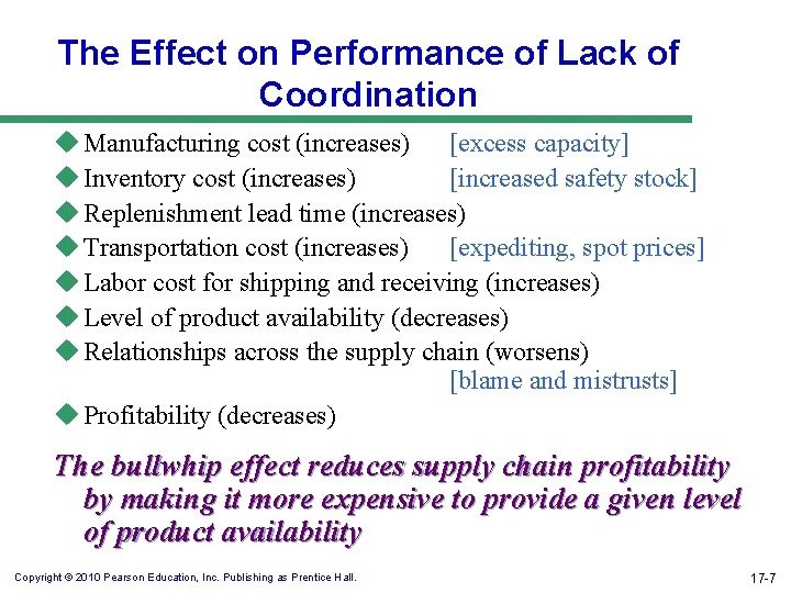 The Effect on Performance of Lack of Coordination u Manufacturing cost (increases) [excess capacity]