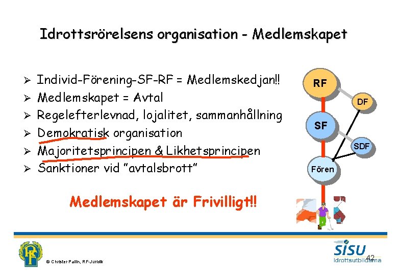 Idrottsrörelsens organisation - Medlemskapet Ø Ø Ø Individ-Förening-SF-RF = Medlemskedjan!! Medlemskapet = Avtal Regelefterlevnad,