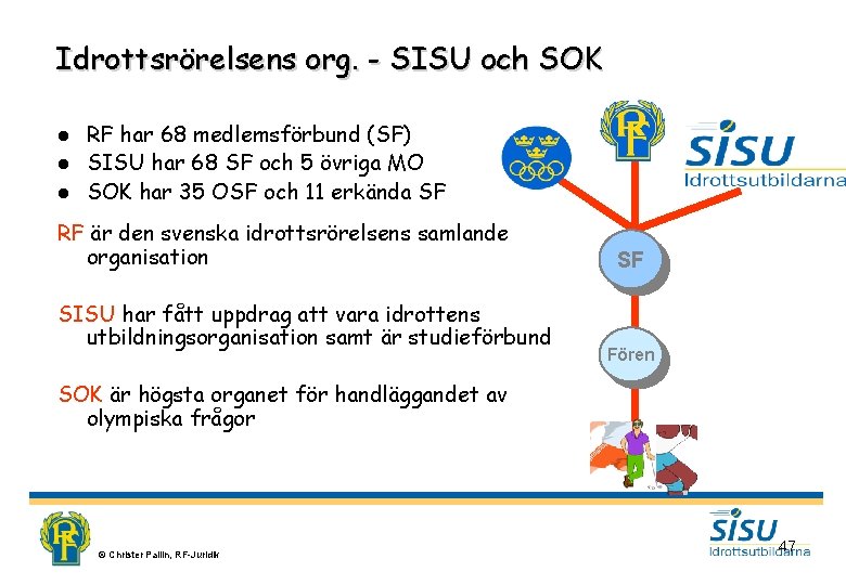 Idrottsrörelsens org. - SISU och SOK RF har 68 medlemsförbund (SF) l SISU har