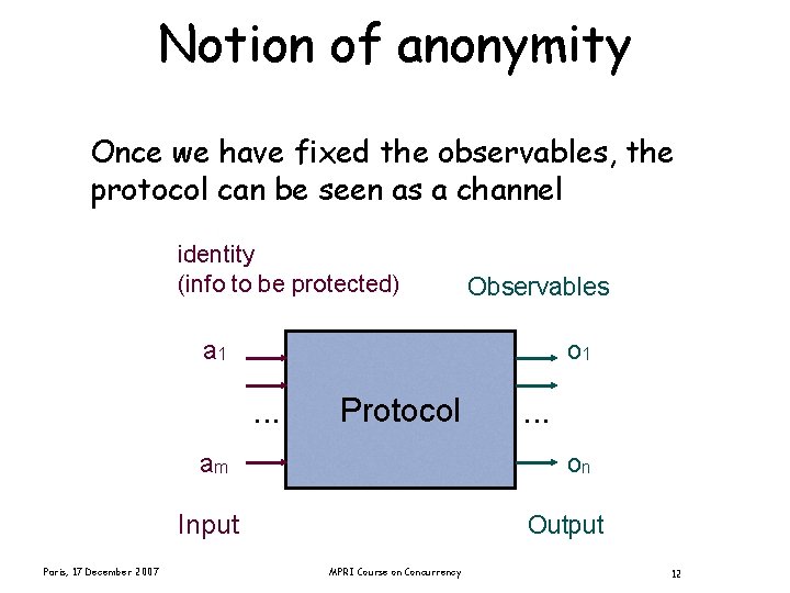 Notion of anonymity Once we have fixed the observables, the protocol can be seen