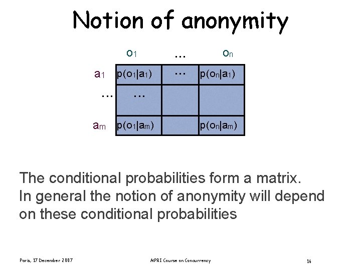 Notion of anonymity o 1 a 1 p(o 1|a 1) . . on p(on|a