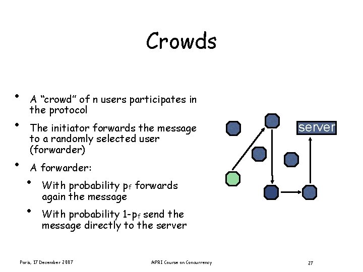 Crowds • • • A “crowd” of n users participates in the protocol The