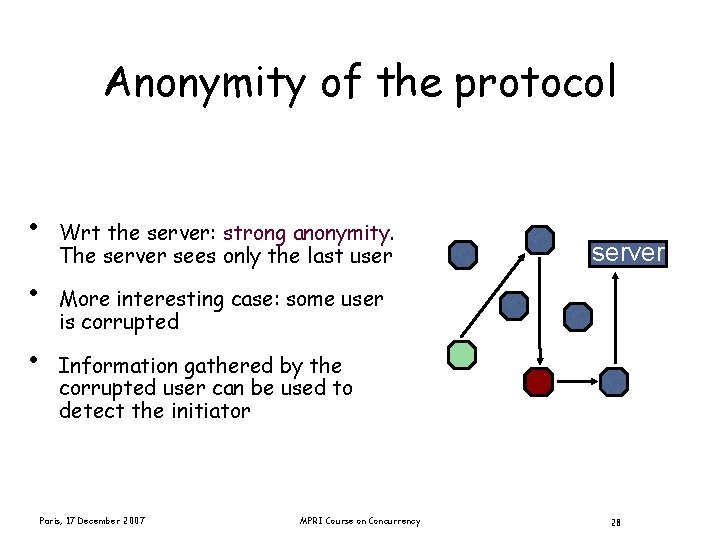 Anonymity of the protocol • • • Wrt the server: strong anonymity. The server