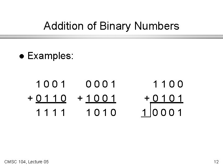 Addition of Binary Numbers l Examples: 1001 +0110 1111 CMSC 104, Lecture 05 0001