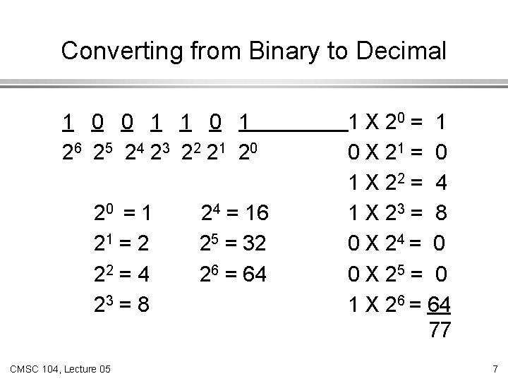 Converting from Binary to Decimal 1 0 0 1 1 0 1 26 2