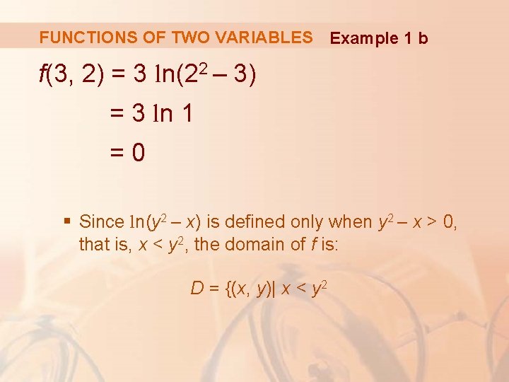 FUNCTIONS OF TWO VARIABLES Example 1 b f(3, 2) = 3 ln(22 – 3)