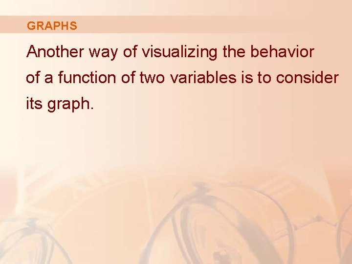 GRAPHS Another way of visualizing the behavior of a function of two variables is