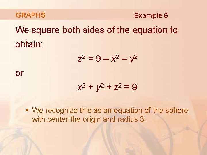 GRAPHS Example 6 We square both sides of the equation to obtain: z 2